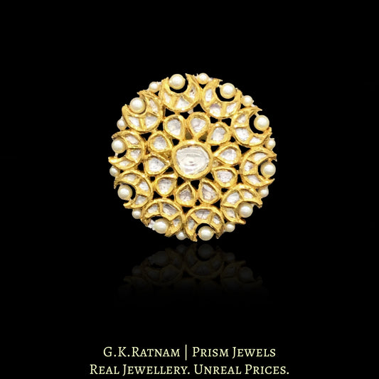 18k Gold and Diamond Polki Round Ring with Pearl Outlining - G. K. Ratnam