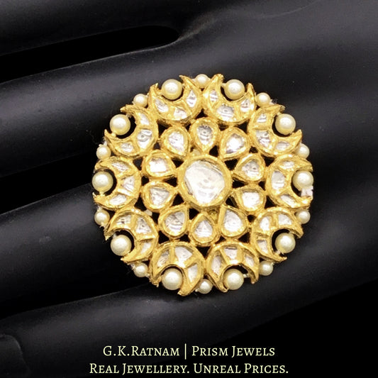 18k Gold and Diamond Polki Round Ring with Pearl Outlining - G. K. Ratnam