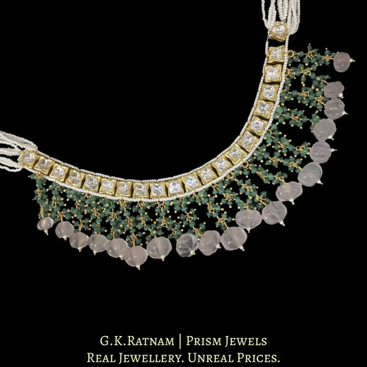 18k Gold and Diamond Polki Choker Necklace with Rose Quartz Melons and Emeralds - G. K. Ratnam