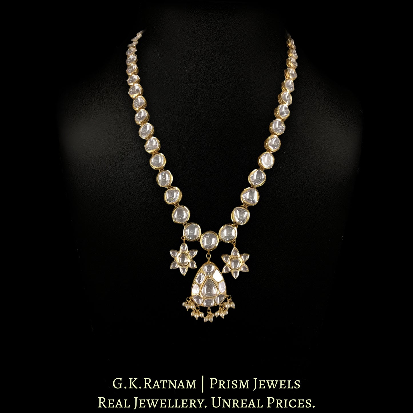 18k Gold and Diamond Polki Single Line Necklace with star-shaped Charms - G. K. Ratnam