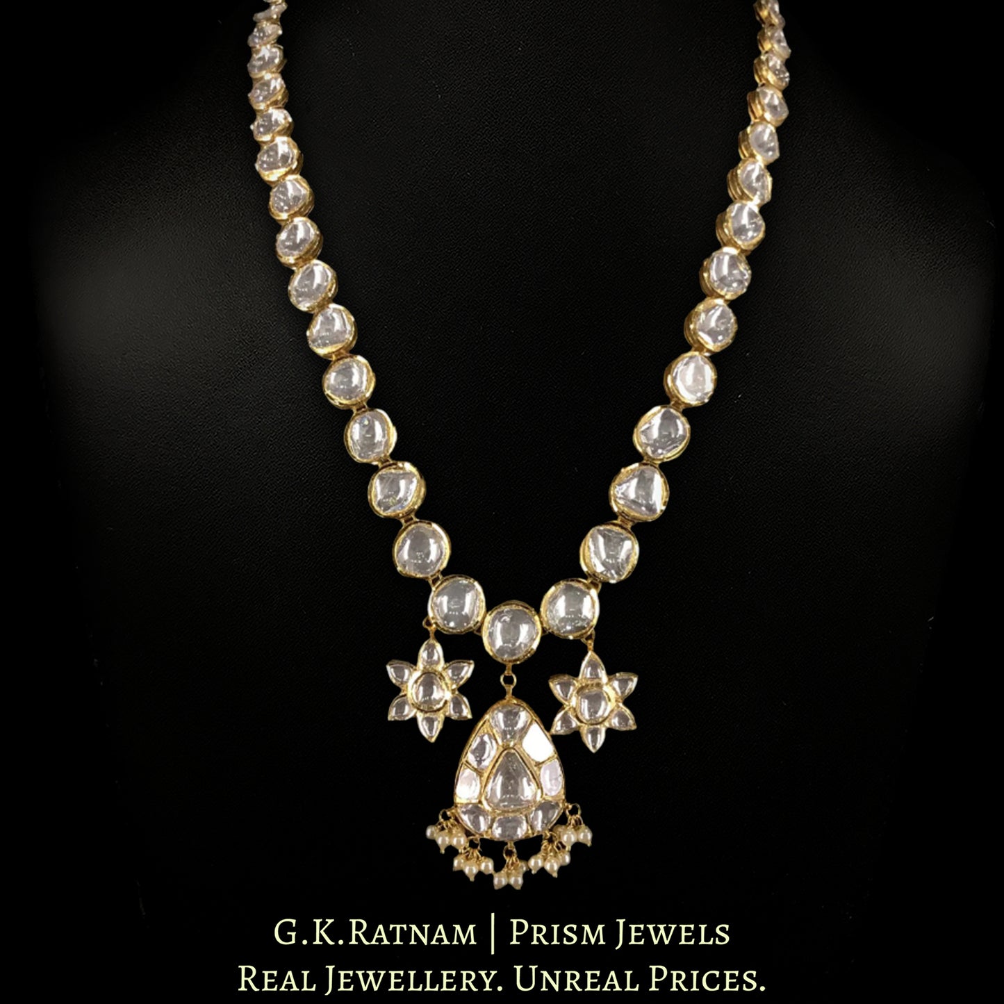 18k Gold and Diamond Polki Single Line Necklace with star-shaped Charms - G. K. Ratnam