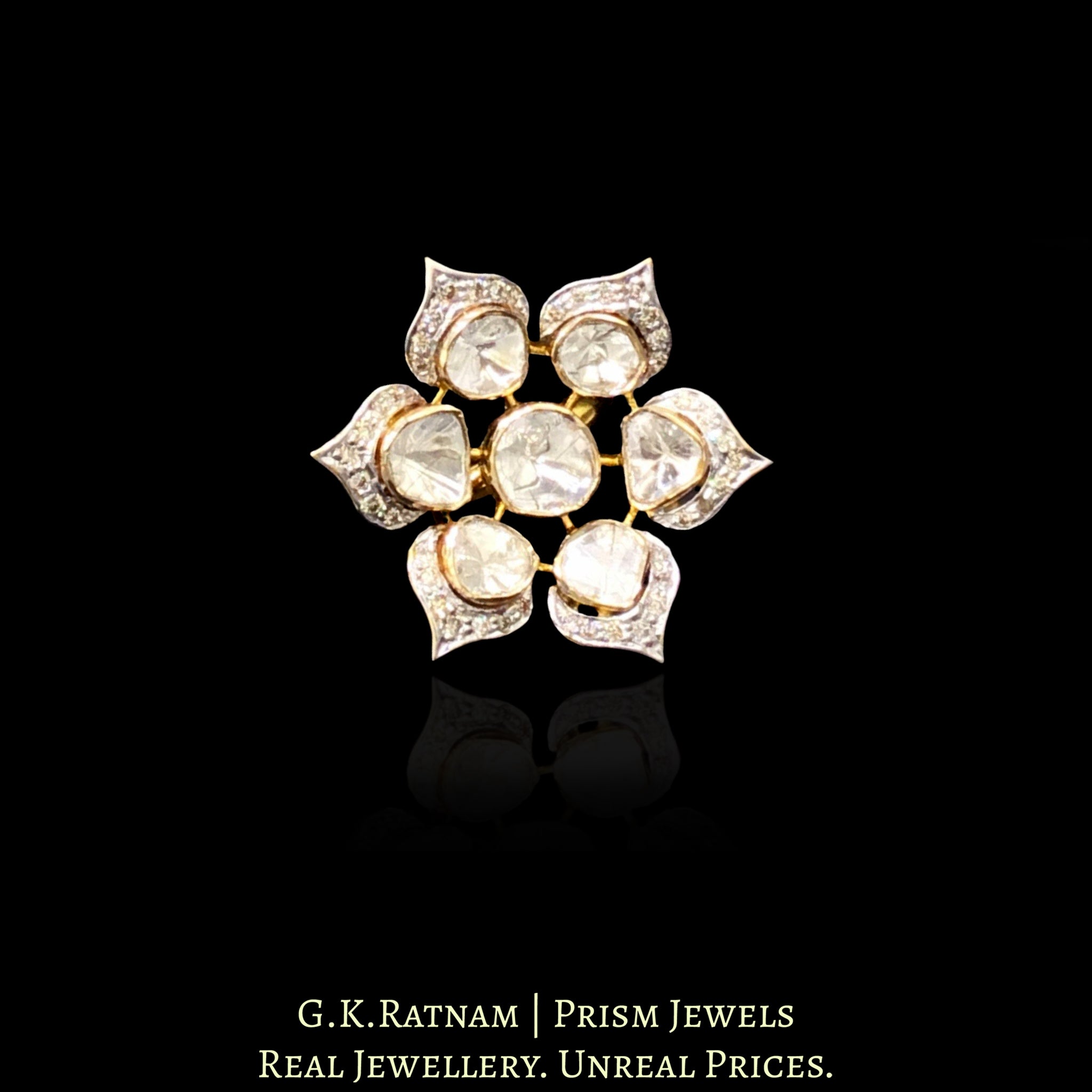 14k Gold and Diamond Polki Open Setting Floral Ring with three-dimensional petals