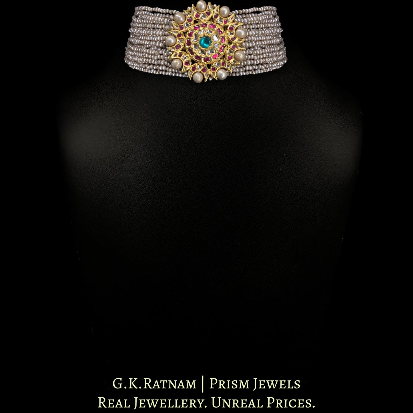 18k Gold and Diamond Polki south-style Choker Necklace With Antiqued Hyderabadi Pearls