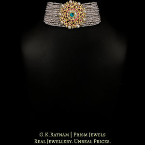 18k Gold and Diamond Polki south-style Choker Necklace With Antiqued Hyderabadi Pearls