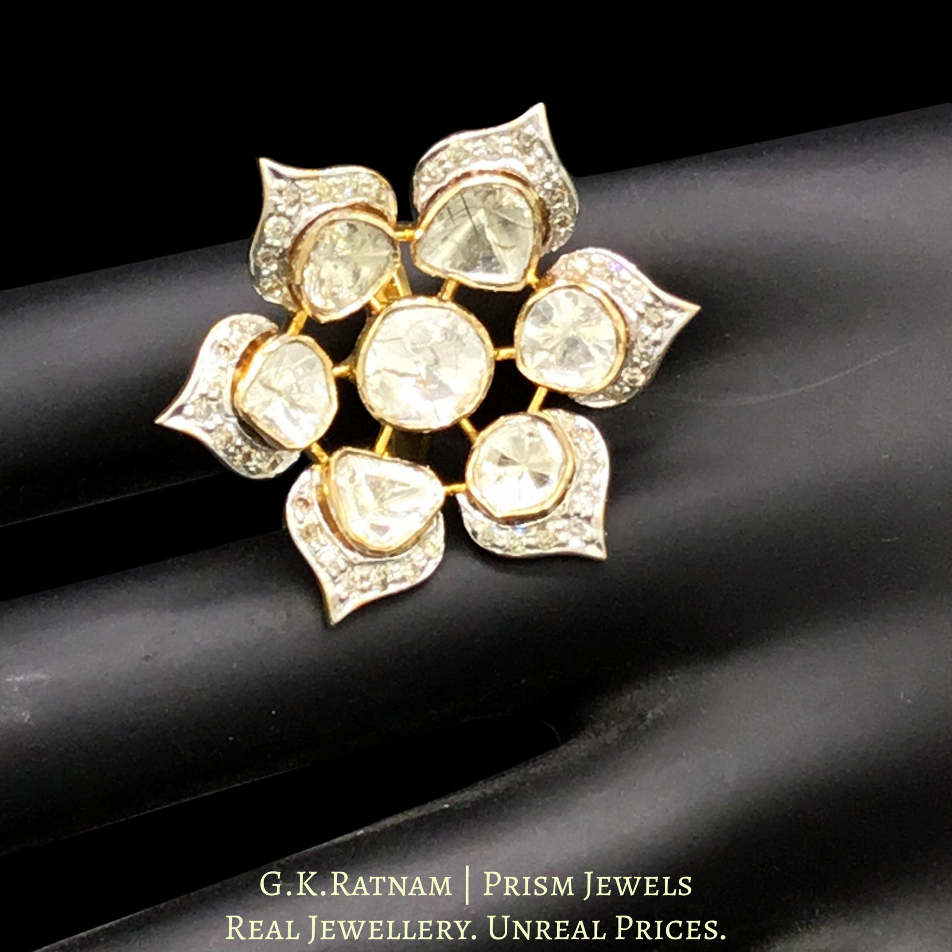 14k Gold and Diamond Polki Open Setting Floral Ring with three-dimensional petals - G. K. Ratnam