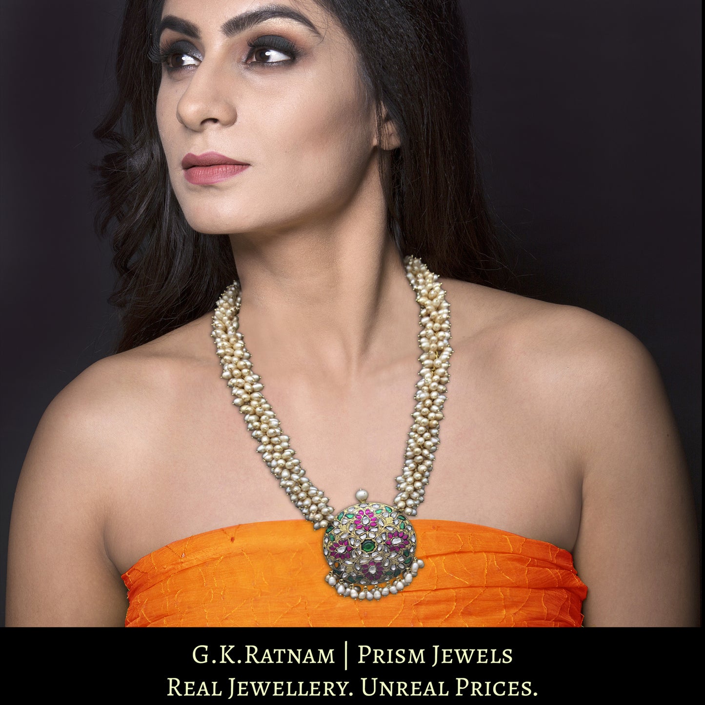 22k Gold and Diamond Polki Reversible Pendant with Antiqued Freshwater Pearl Chains