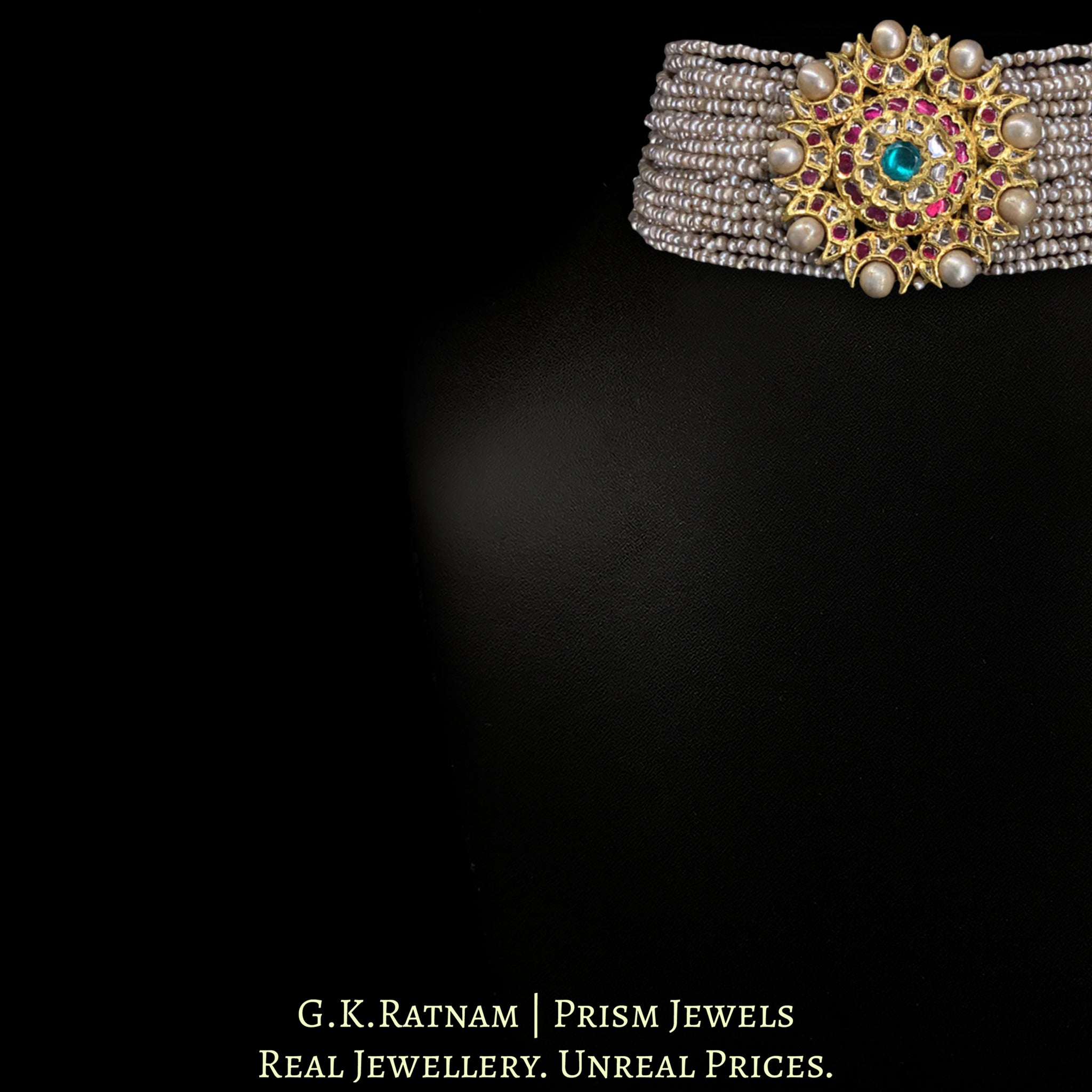 18k Gold and Diamond Polki south-style Choker Necklace With Antiqued Hyderabadi Pearls