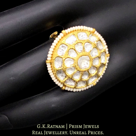 18k Gold and Diamond Polki Round Ring with Chid Pearl Outlining - G. K. Ratnam