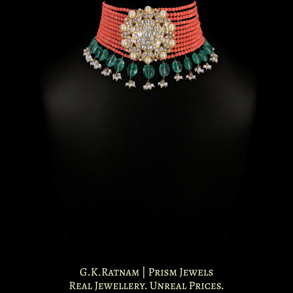 18k Gold and Diamond Polki Choker Necklace With Corals and Beryls