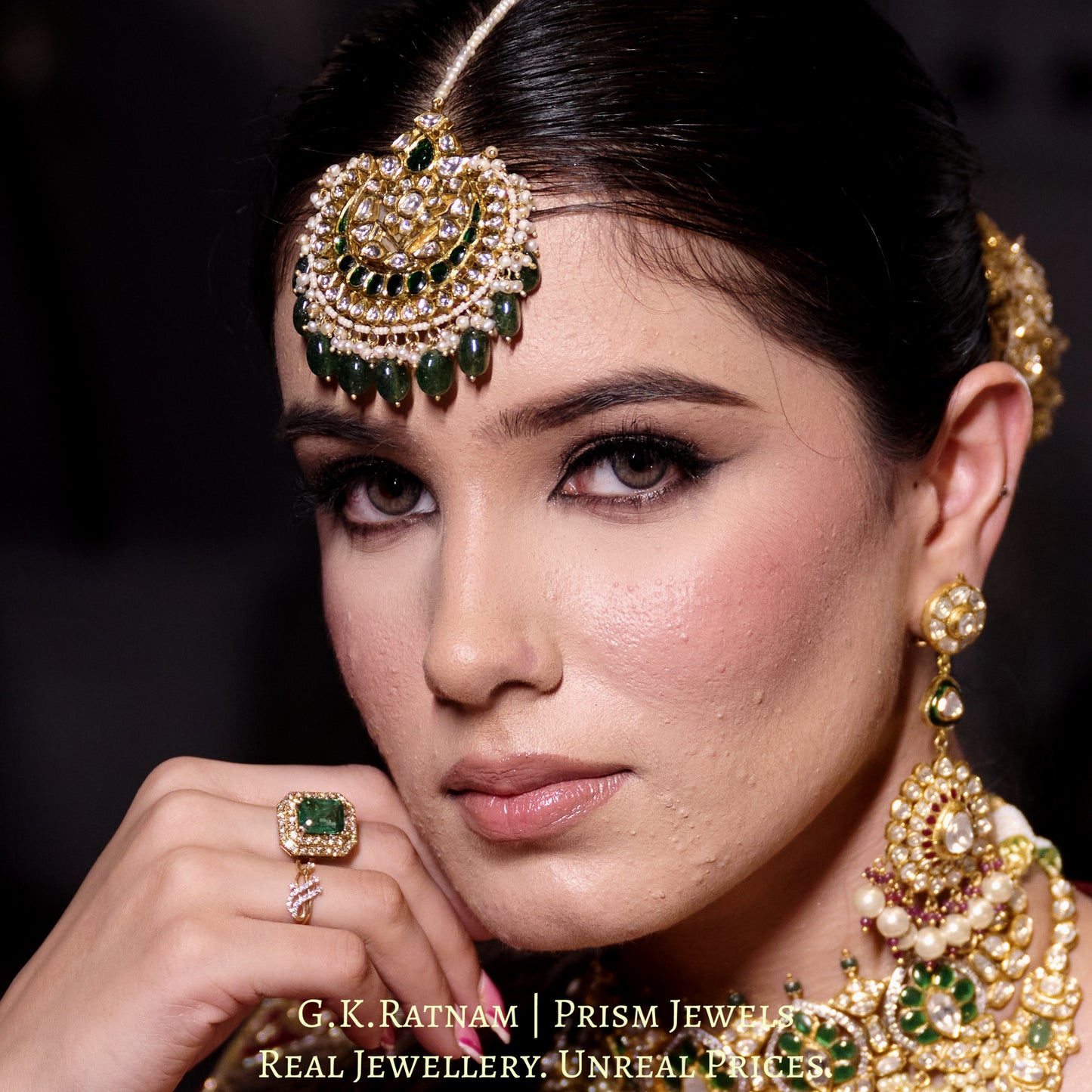 18k Gold and Diamond Polki Maang Tika with Natural Freshwater Pearls and Strawberry Quartz - G. K. Ratnam