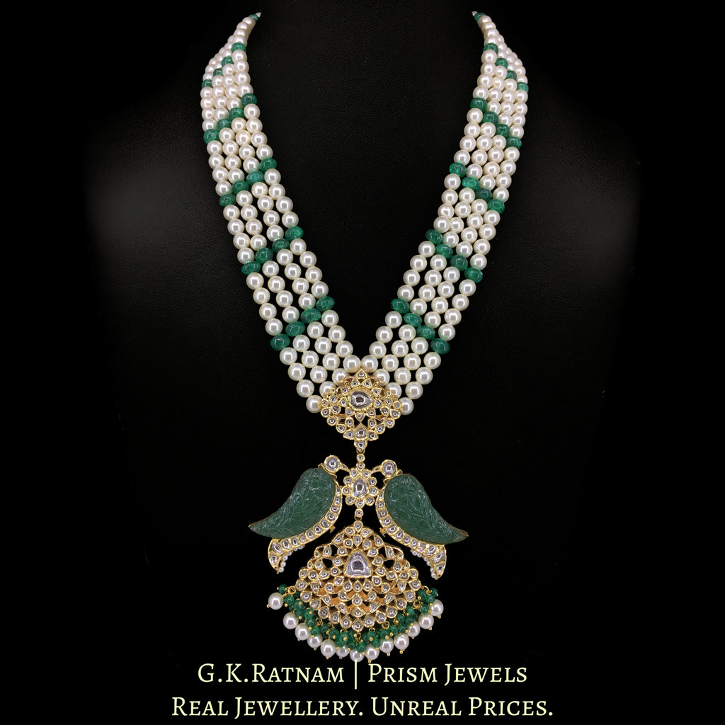 22k Gold and Diamond Polki Pendant with hand-carved emerald-green stones in Bird Motif