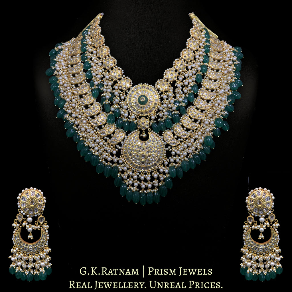 23k Gold and Diamond Polki Long Necklace Set with bird motifs