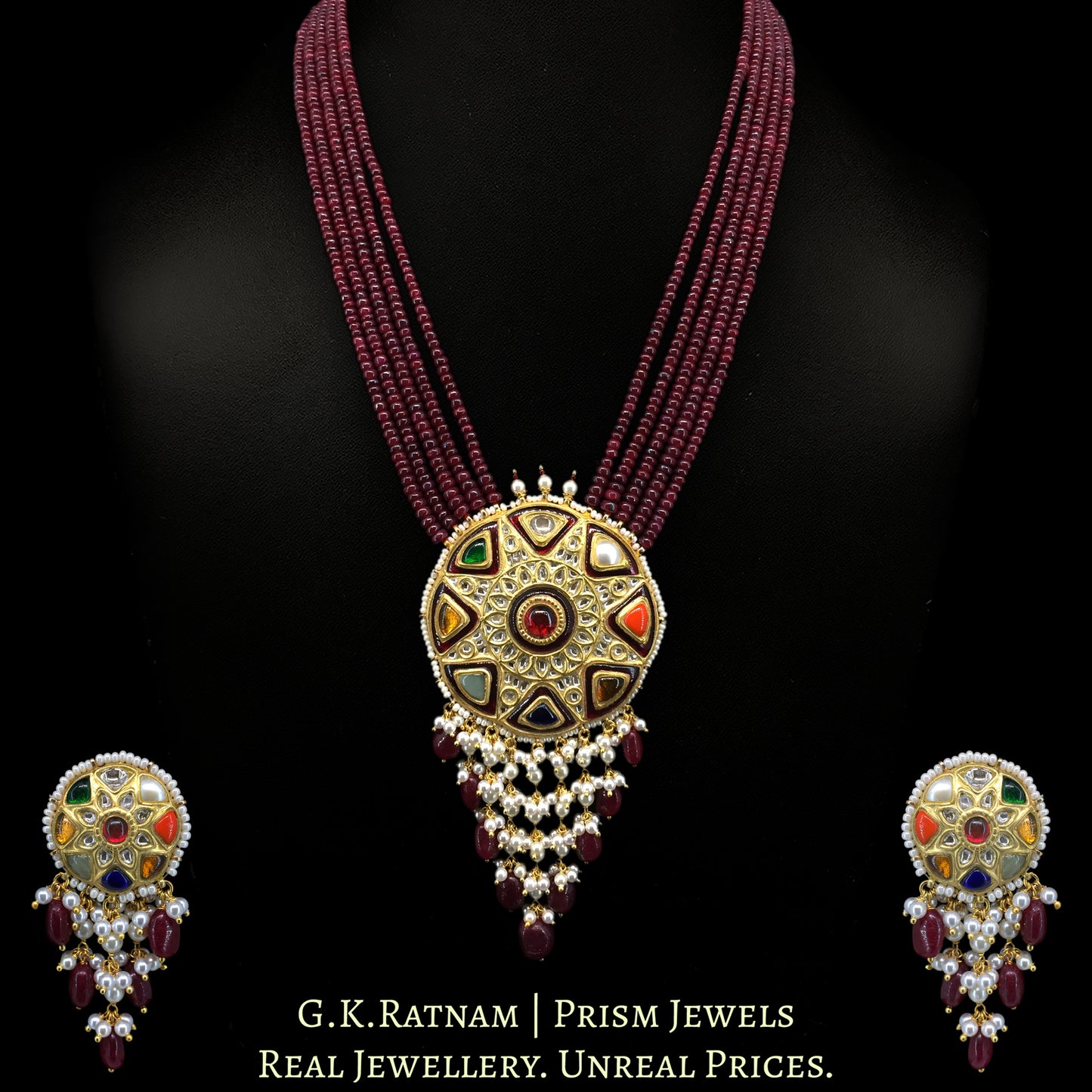 23k Gold and Diamond Polki Navratna Pendant Set with Rubies - G. K. Ratnam