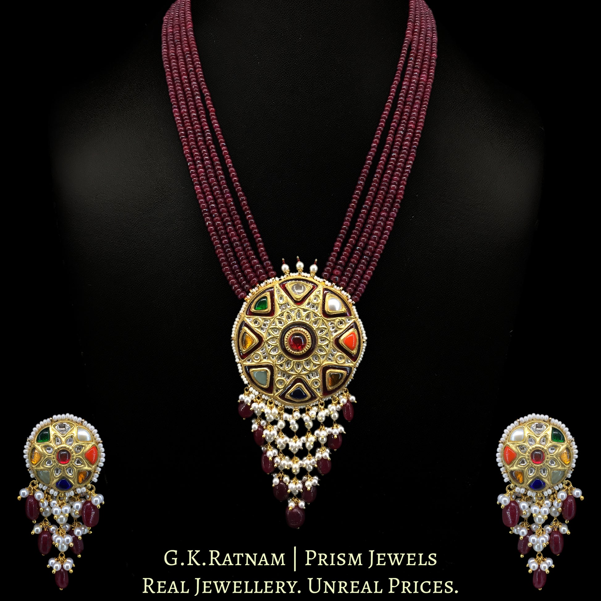 23k Gold and Diamond Polki Navratna Pendant Set with Rubies - G. K. Ratnam