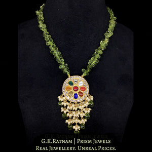 23k Gold and Diamond Polki Navratna Pendant enhanced with Peridot Drops and Pearl Bunches