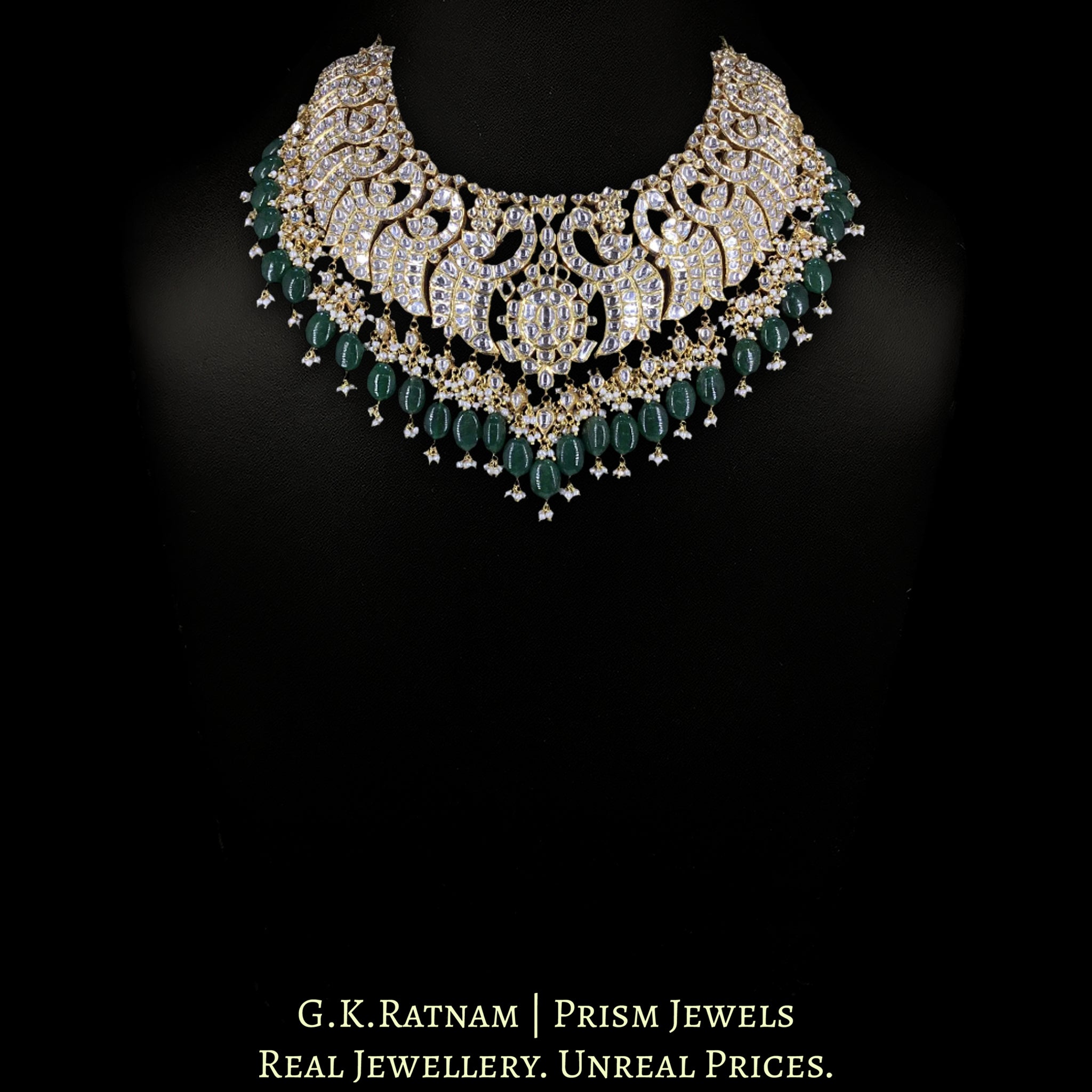 18k Gold and Diamond Polki Necklace Set with Peacock Motifs