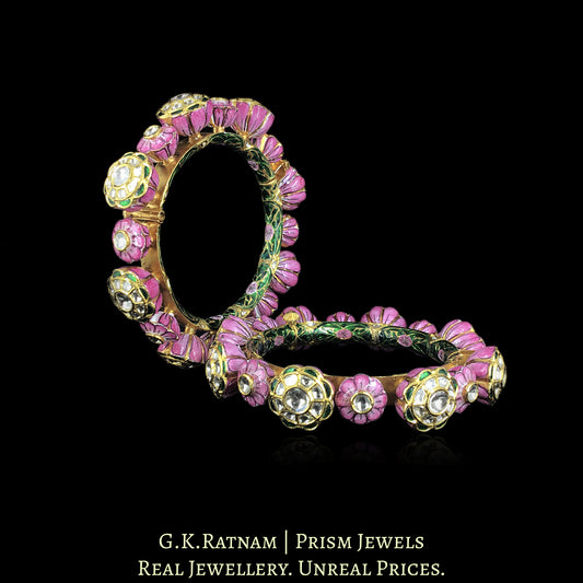 22k Gold and Diamond Polki Bangle Pair (Pacheli) with Pink Meenakari - G. K. Ratnam