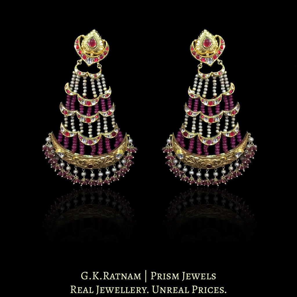 18k Gold and Diamond Polki Chandelier Earring Pair with Natural Rubies and Antiqued Freshwater Pearls