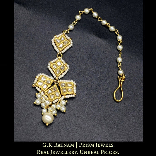 23k Gold and Diamond Polki Small Maang Tika With Pearl Bunches