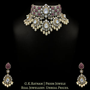 18k Gold and Diamond Polki Open Setting Necklace Set with Natural (glass-filled) Rubies