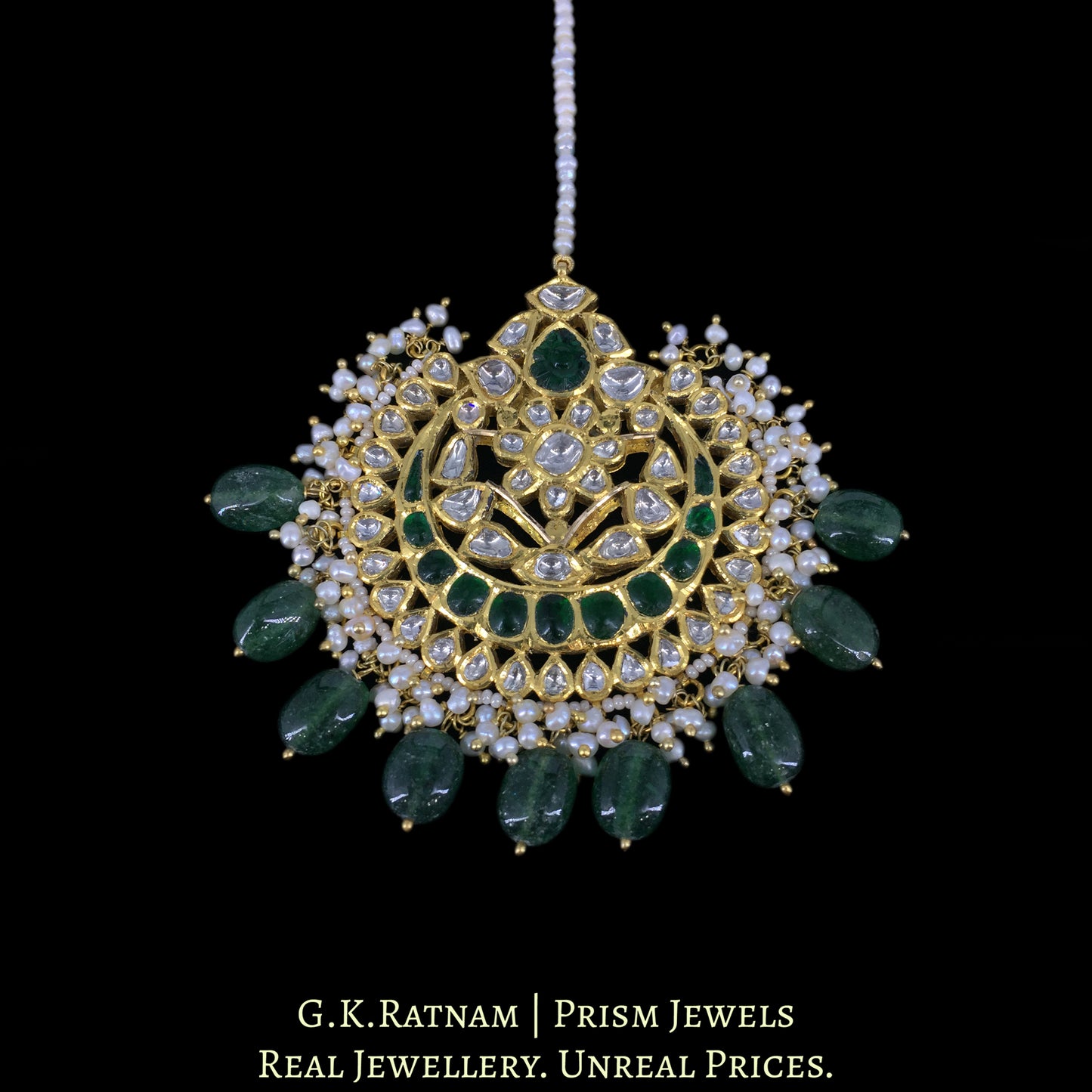 18k Gold and Diamond Polki Maang Tika with Natural Freshwater Pearls and Strawberry Quartz - G. K. Ratnam