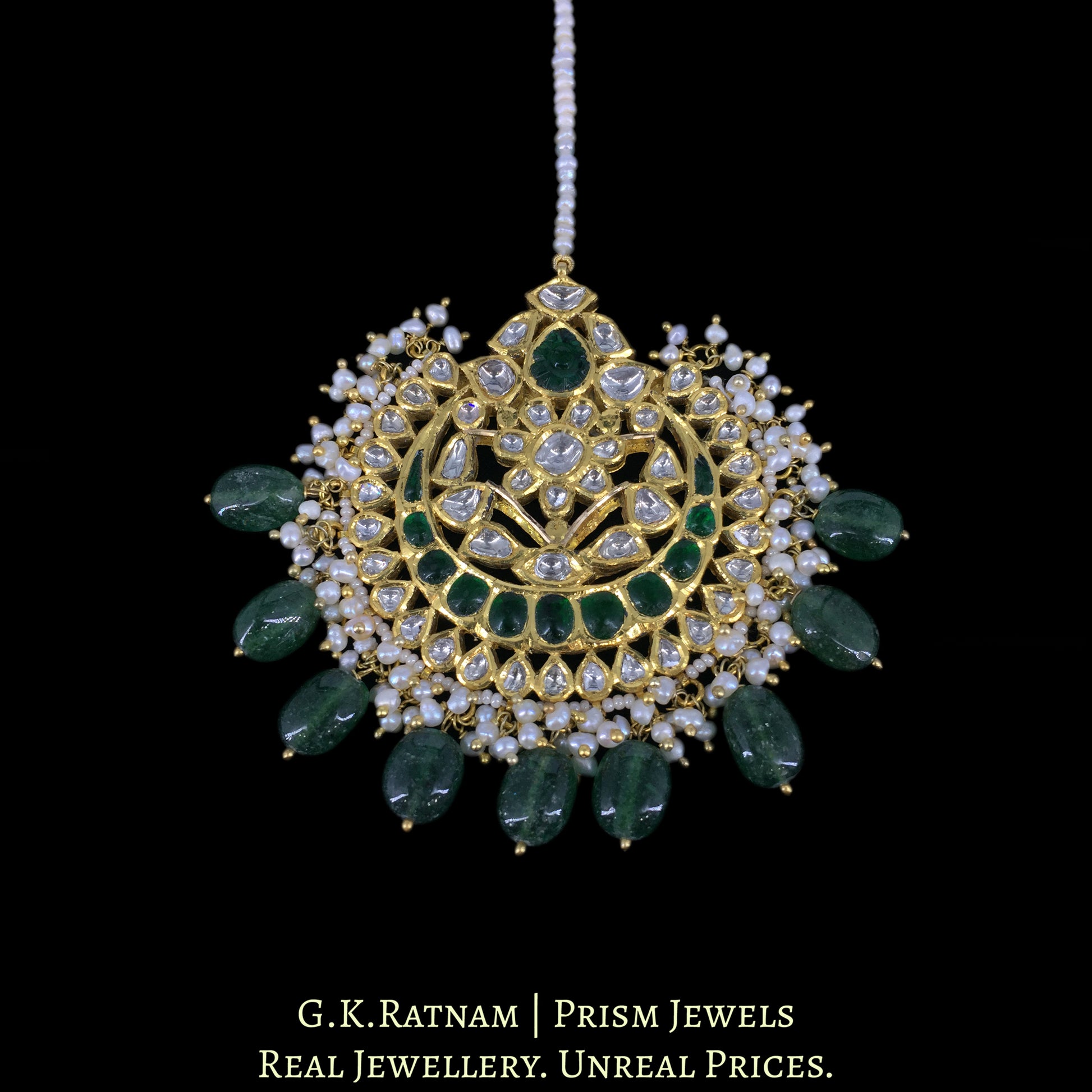 18k Gold and Diamond Polki Maang Tika with Natural Freshwater Pearls and Strawberry Quartz - G. K. Ratnam