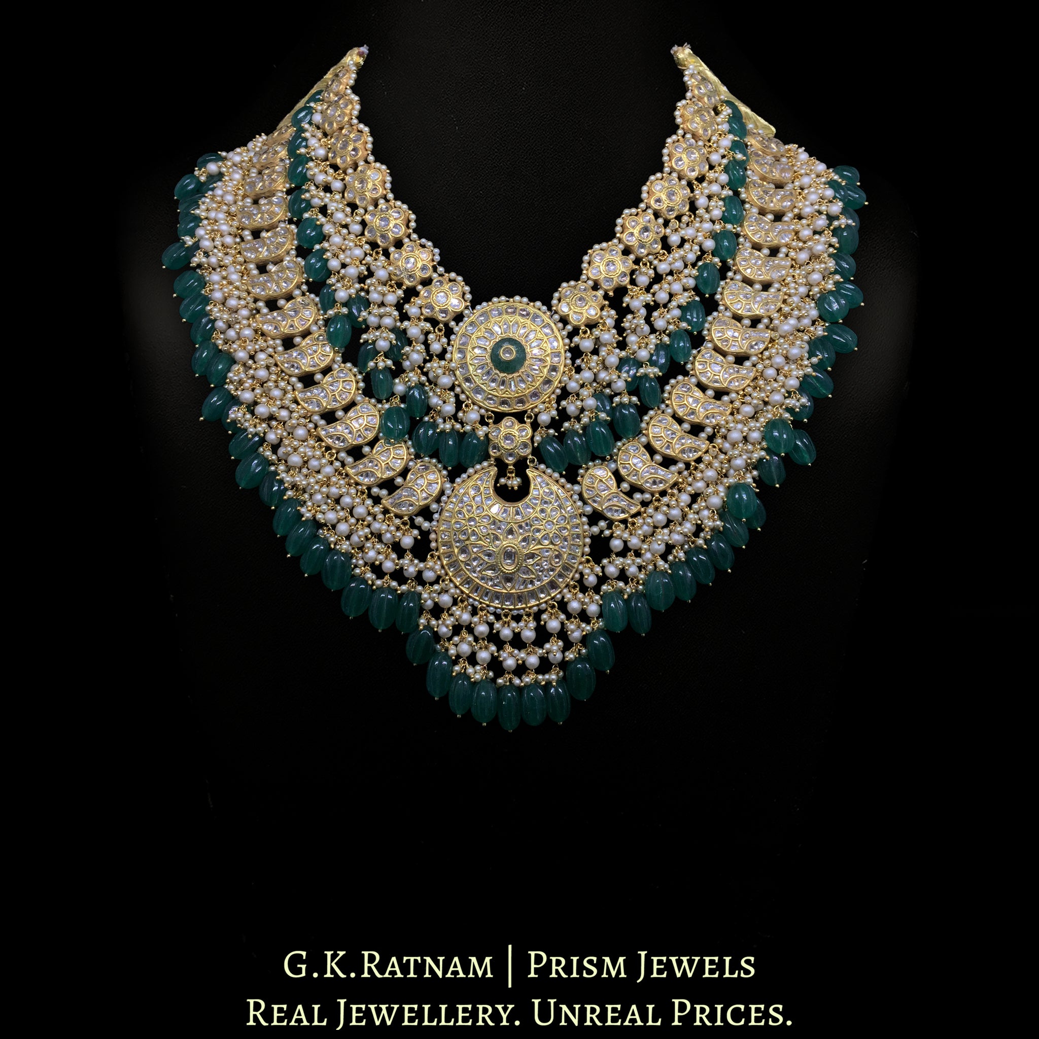 23k Gold and Diamond Polki Long Necklace Set with bird motifs