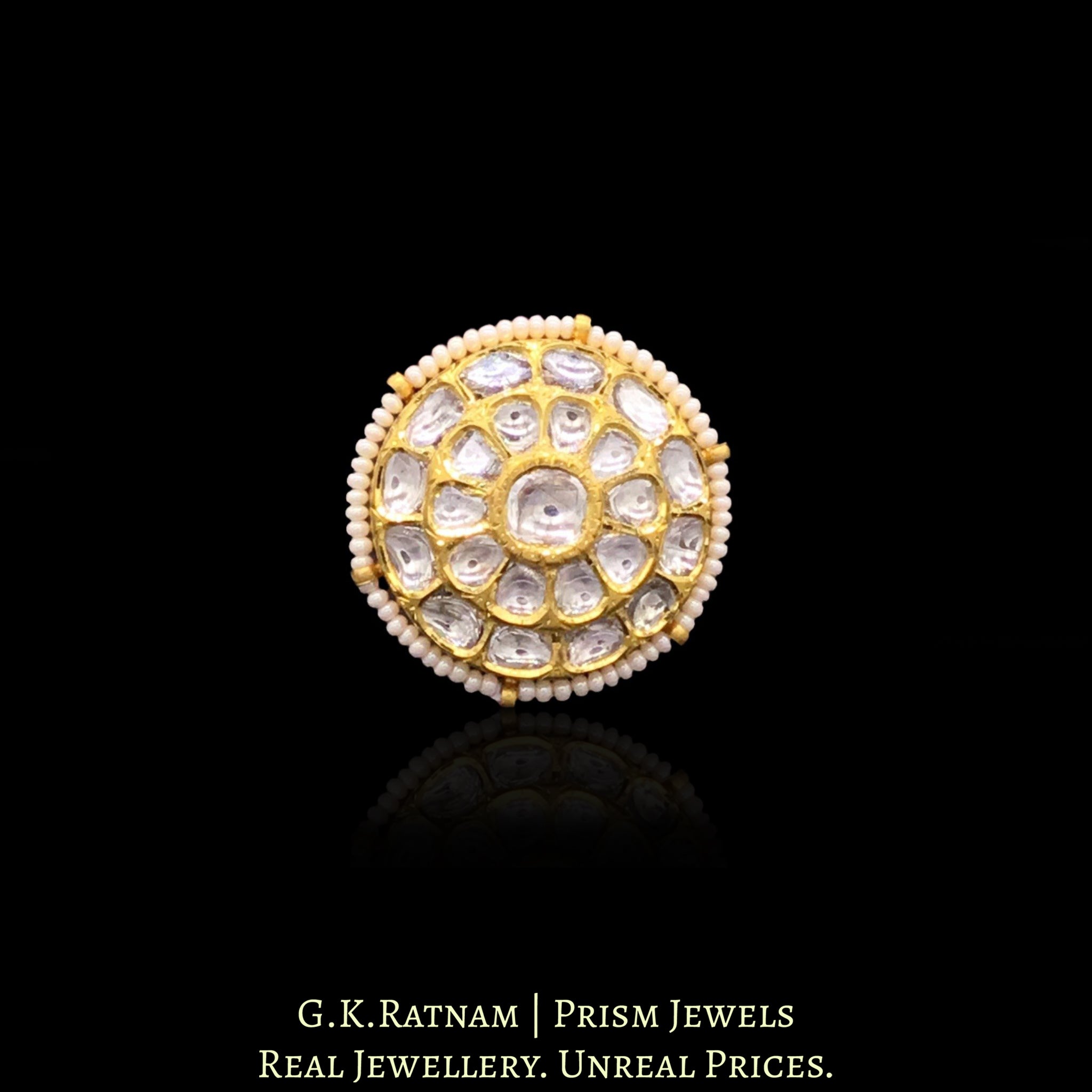 18k Gold and Diamond Polki Round Ring with Chid Pearl Outlining