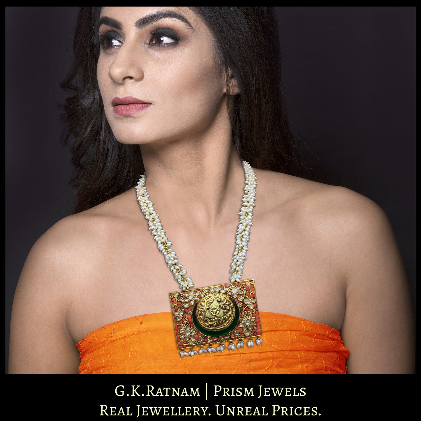 18k Gold and Diamond Polki rectangle Coral Pendant with Natural Hyderabadi Pearls