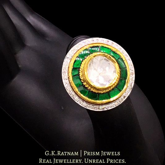 18k Gold and Diamond Polki Fusion Round Ring with emerald-green stones - G. K. Ratnam