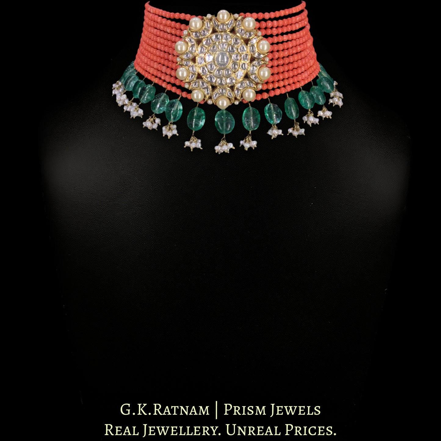 18k Gold and Diamond Polki Choker Necklace With Corals and Beryls - G. K. Ratnam