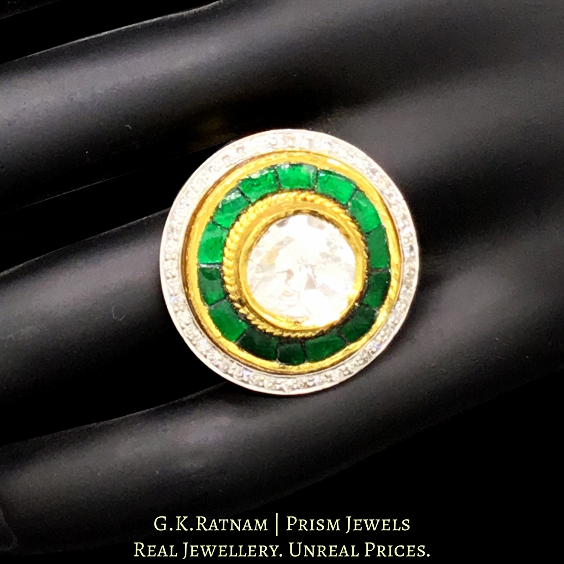 18k Gold and Diamond Polki Fusion Round Ring with emerald-green stones - G. K. Ratnam