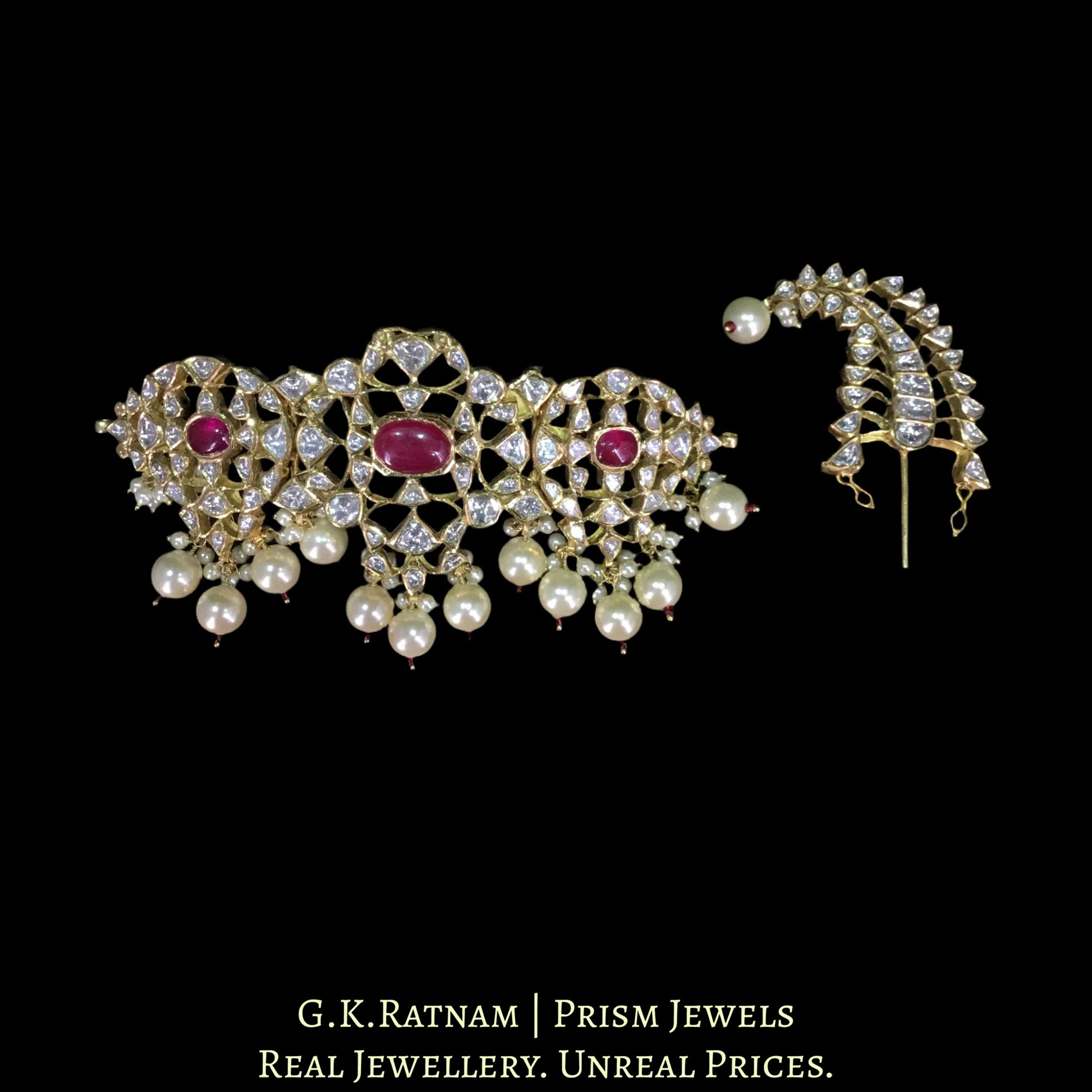 18k Gold and Diamond Polki Kilangi Cum Choker Necklace with Ruby and Pearls - G. K. Ratnam