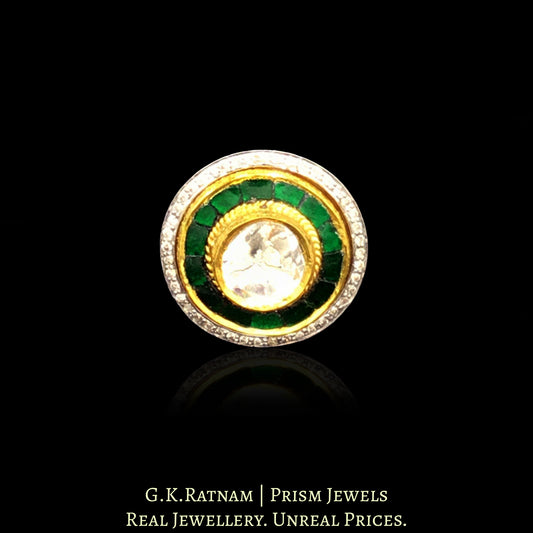 18k Gold and Diamond Polki Fusion Round Ring with emerald-green stones - G. K. Ratnam