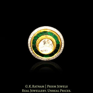 18k Gold and Diamond Polki Fusion Round Ring with emerald-green stones