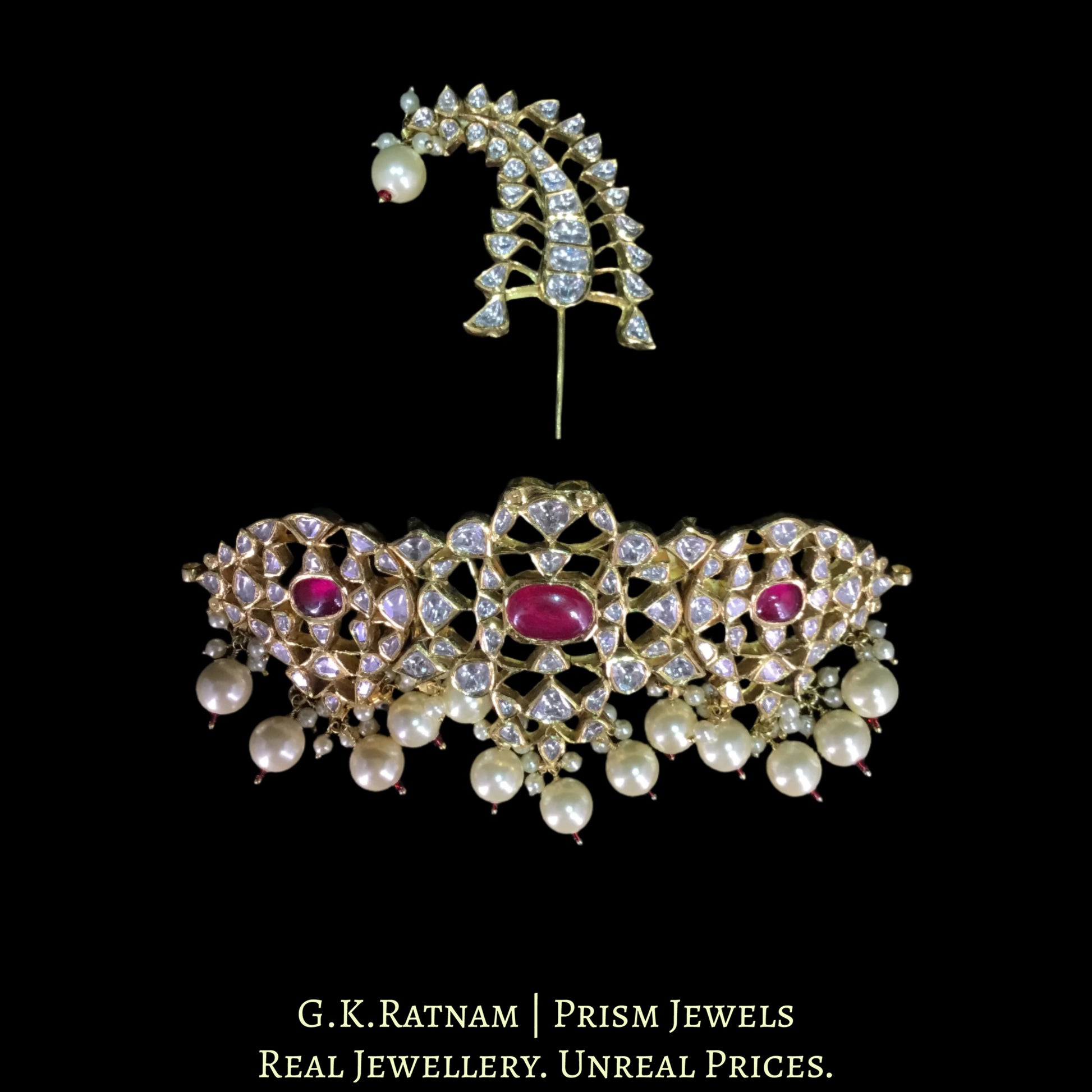 18k Gold and Diamond Polki Kilangi Cum Choker Necklace with Ruby and Pearls - G. K. Ratnam