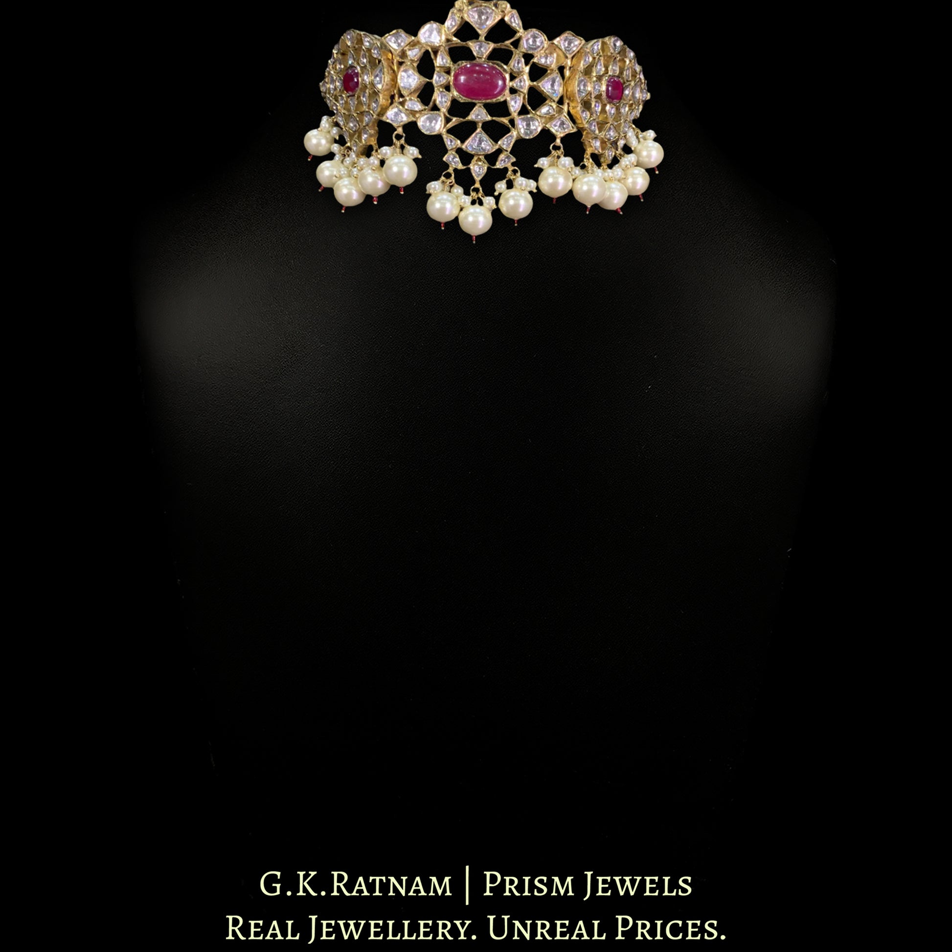 18k Gold and Diamond Polki Kilangi Cum Choker Necklace with Ruby and Pearls - G. K. Ratnam