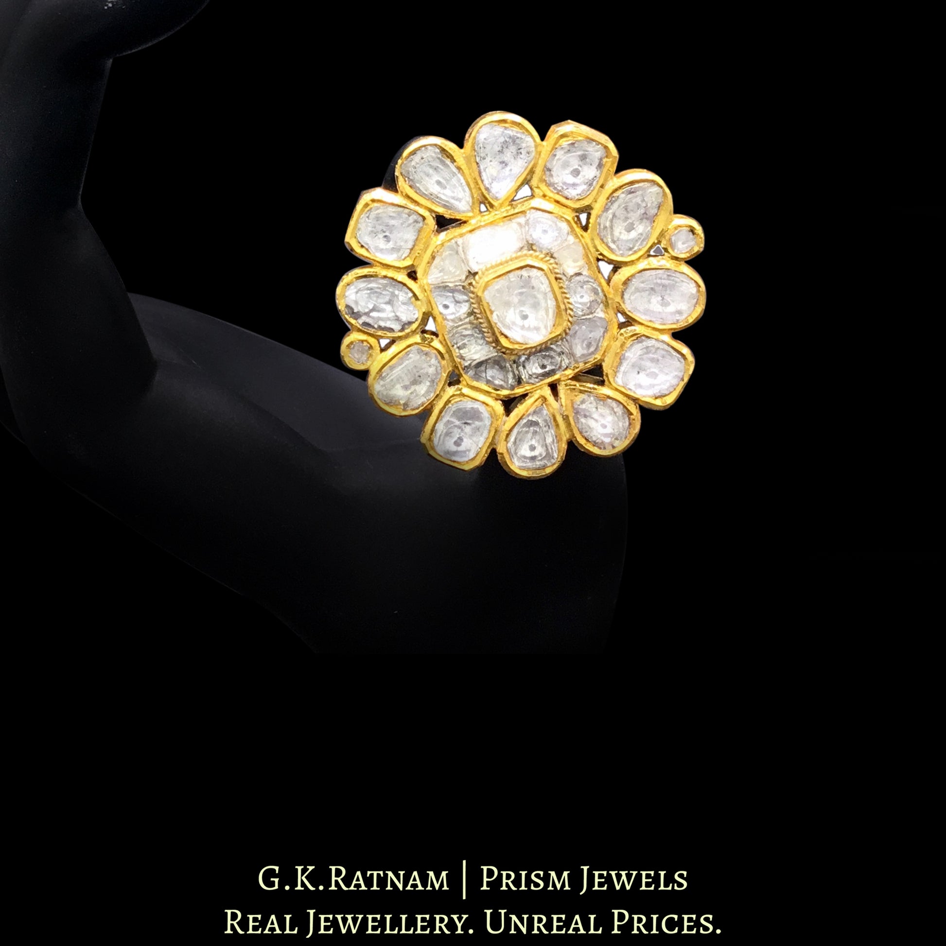 18k Gold and Diamond Polki floral Ring with far sized uncuts - G. K. Ratnam
