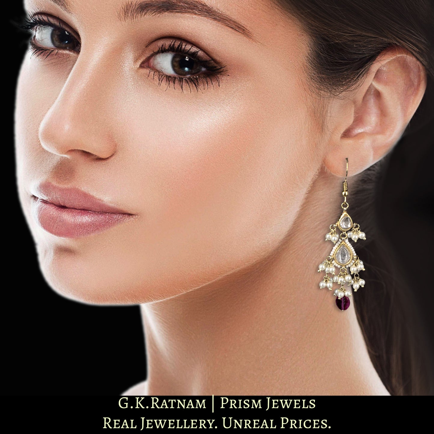23k Gold and Diamond Polki Earring Pair with two-tiered pear-shape hangings