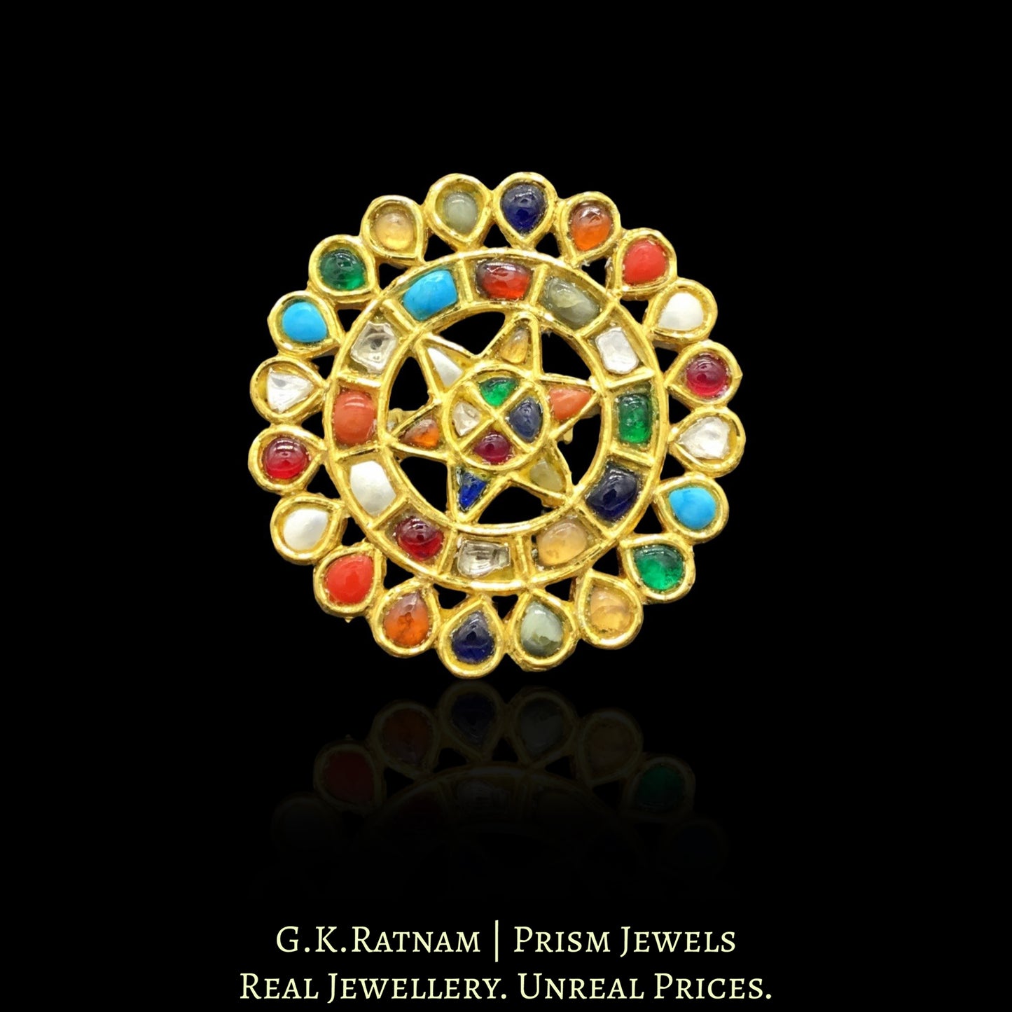 22k Gold and Diamond Polki Navratna Cocktail Ring - G. K. Ratnam