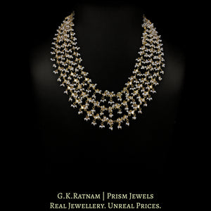 Traditional Gold and Diamond Polki 3-line Necklace with Uncut Drops strung together in Natural Freshwater Pearls