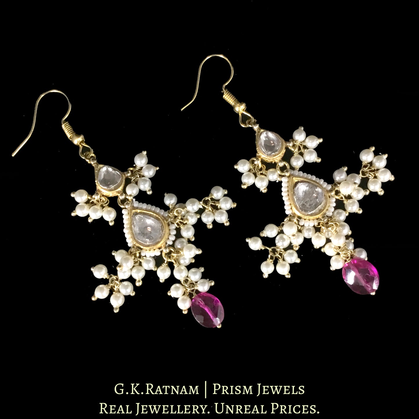 23k Gold and Diamond Polki Earring Pair with two-tiered pear-shape hangings