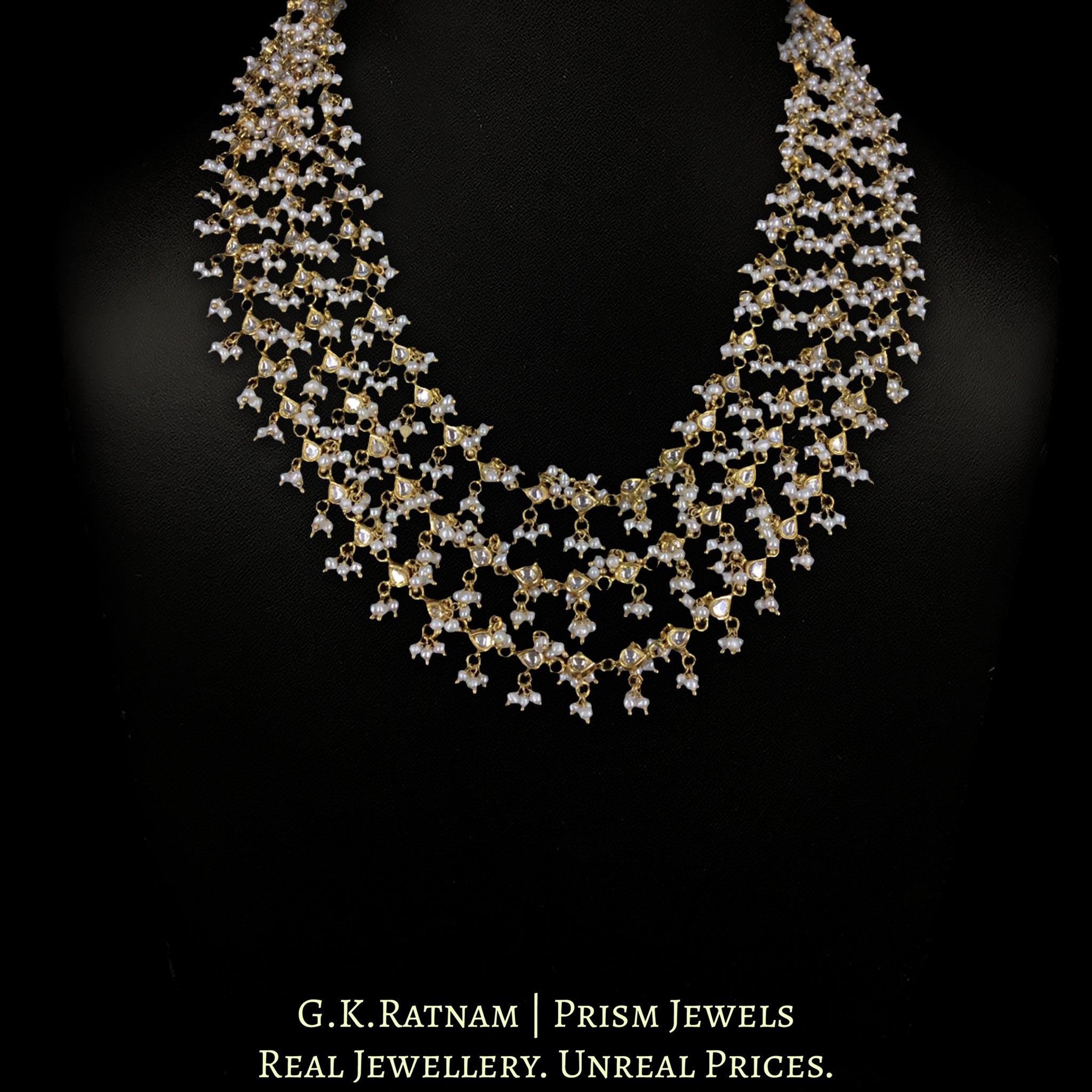 Traditional Gold and Diamond Polki 3-line Necklace with Uncut Drops strung together in Natural Freshwater Pearls