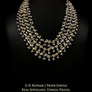 Traditional Gold and Diamond Polki 3-line Necklace with Uncut Drops strung together in Natural Freshwater Pearls