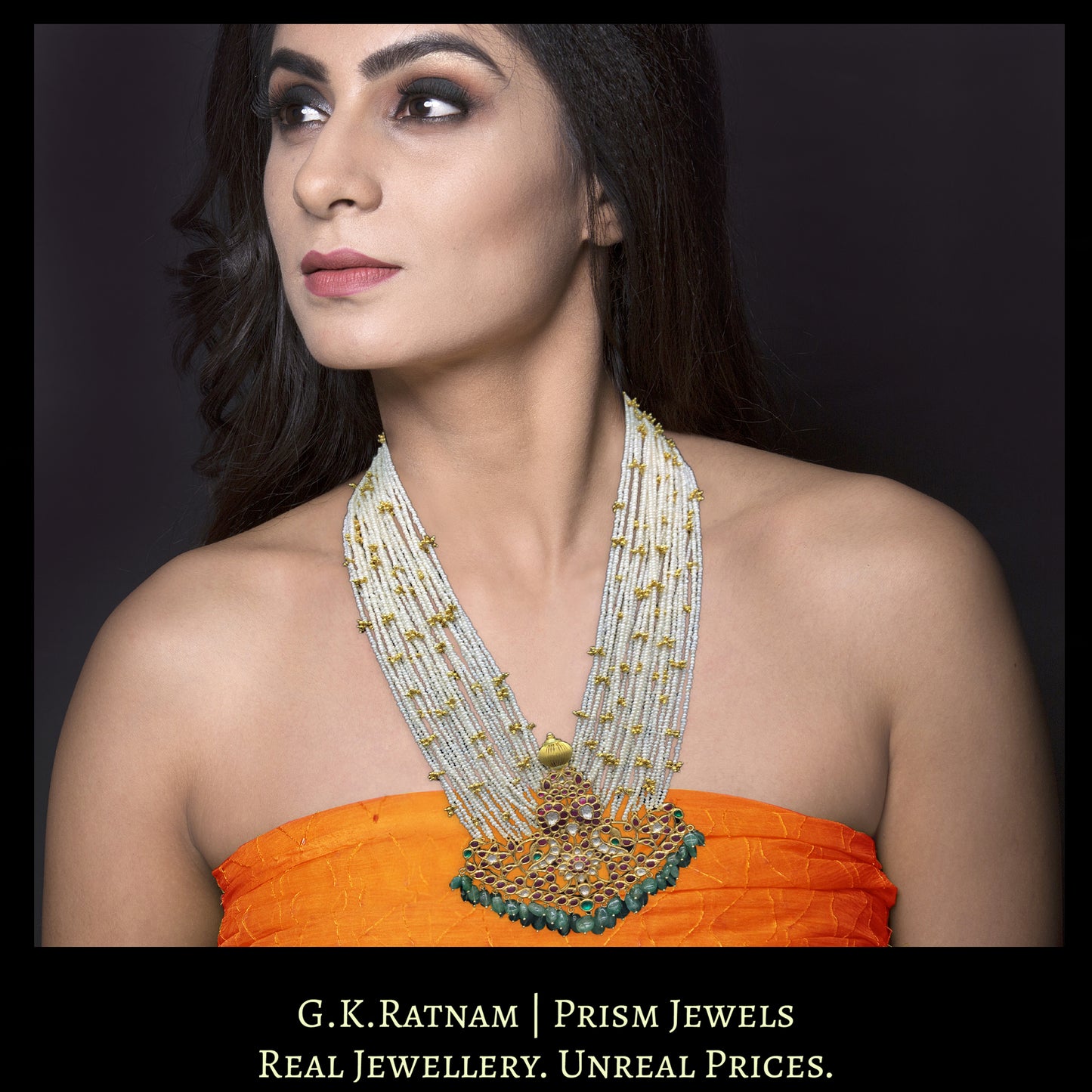 18k Gold and Diamond Polki south-style peacock Pendant with golden balls interspersed in Natural Hyderabadi Pearls