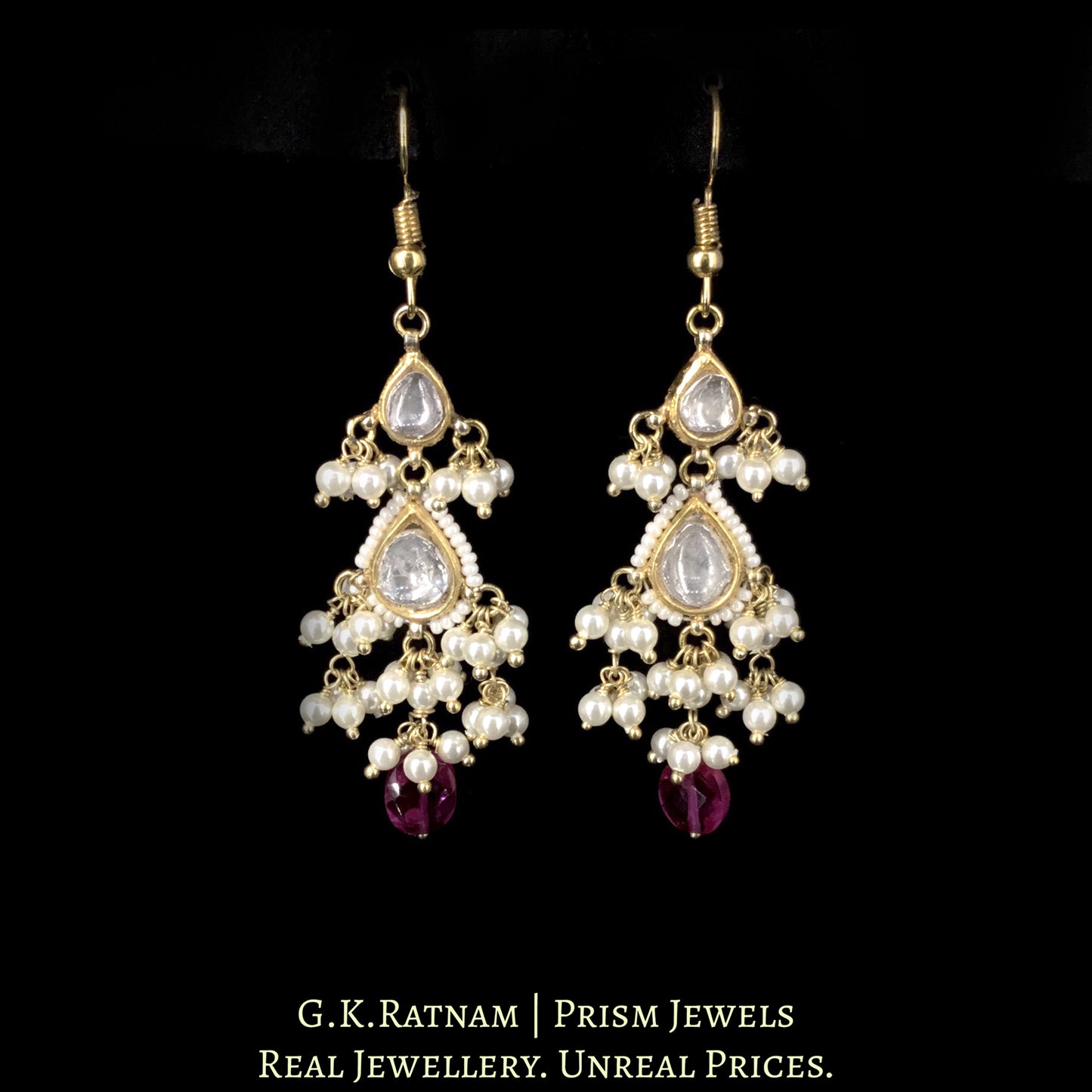 23k Gold and Diamond Polki Earring Pair with two-tiered pear-shape hangings
