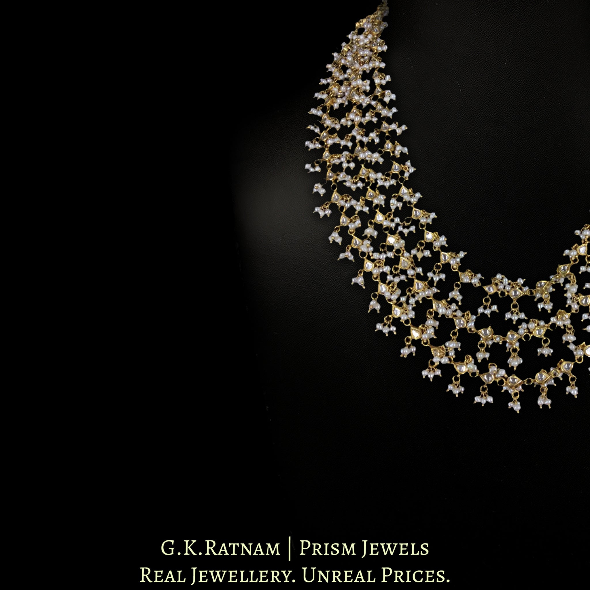 Traditional Gold and Diamond Polki 3-line Necklace with Uncut Drops strung together in Natural Freshwater Pearls