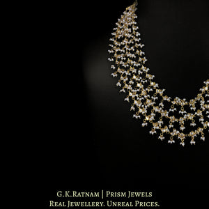 Traditional Gold and Diamond Polki 3-line Necklace with Uncut Drops strung together in Natural Freshwater Pearls