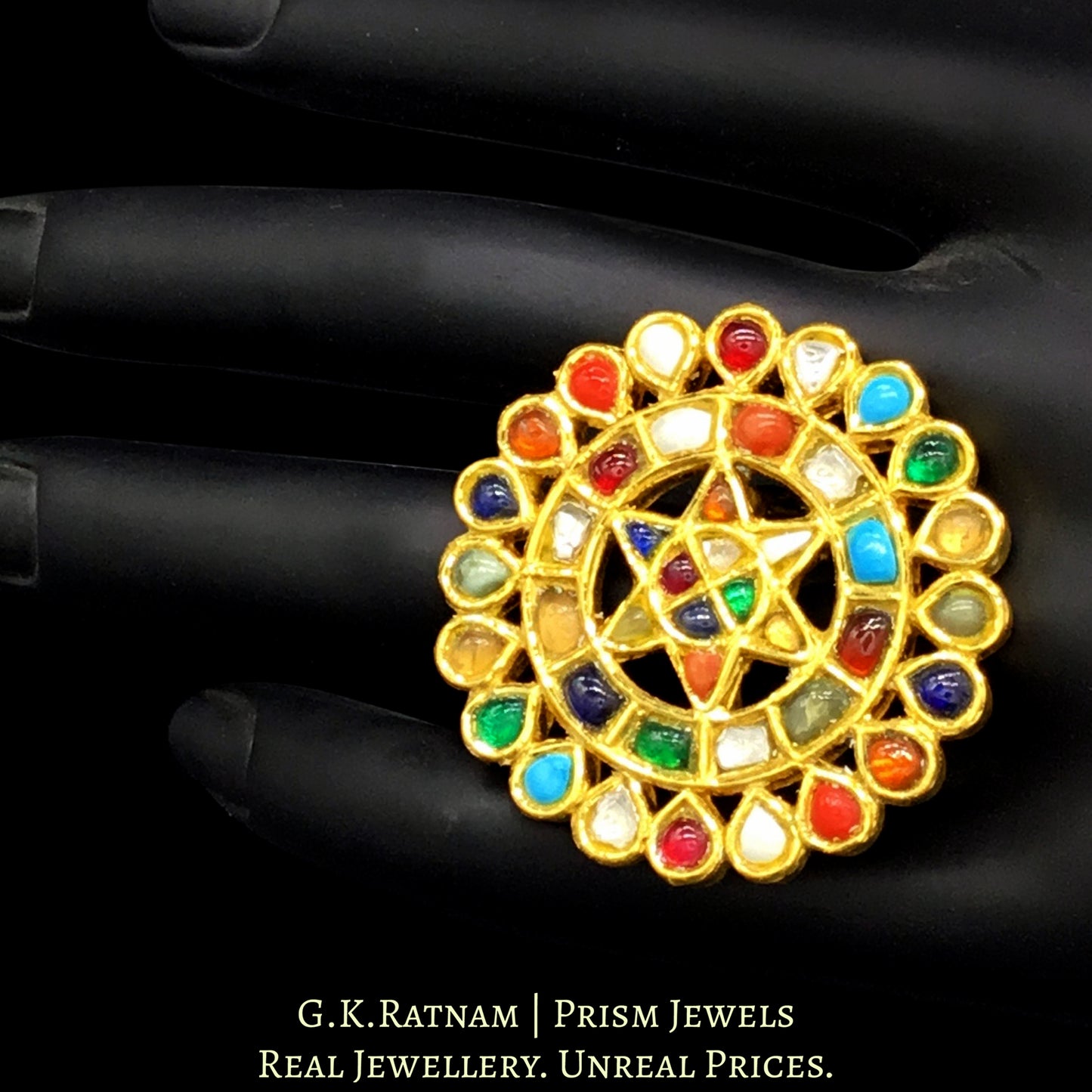 22k Gold and Diamond Polki Navratna Cocktail Ring - G. K. Ratnam