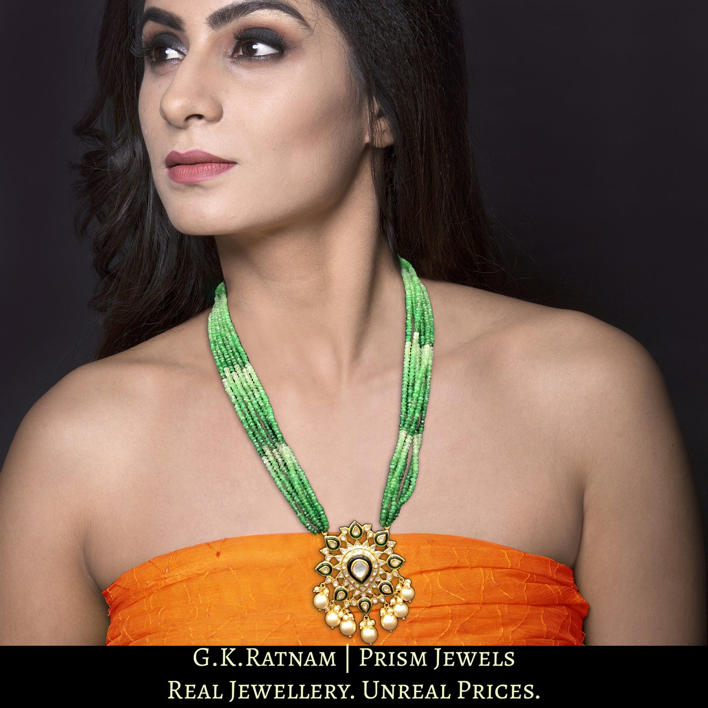 Traditional Gold and Diamond Polki star-shaped green Pendant Set strung with Shaded Tsavorites